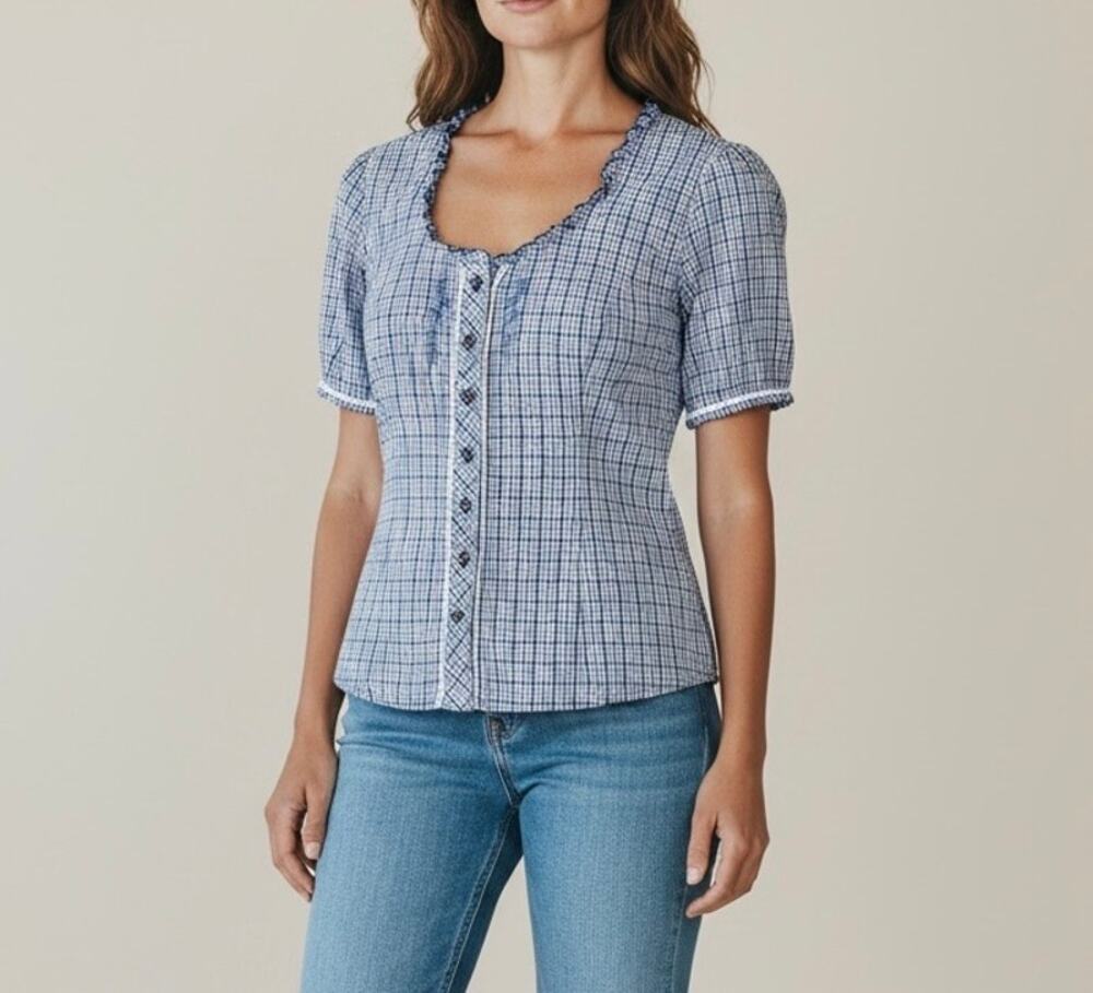 Spieth & Wensky EU 44 Feuerlaune Blue Gingham Trachten Blouse Octoberfest Tyrol - Picture 1 of 16